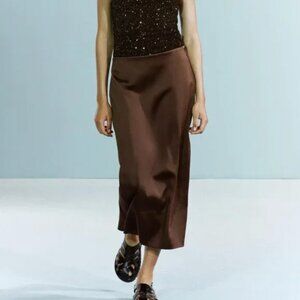 NWT ZARA SATIN EFFECT SKIRT ZW COLLECTION BROWN